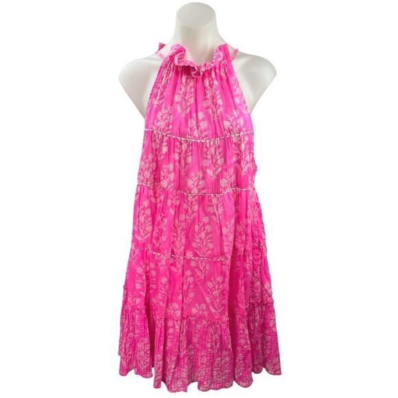 Juliet Dunn Pink Floral Sleeveless Halter Ruffle Tiered Swing Mini Sun Dress 2 - Picture 5 of 10